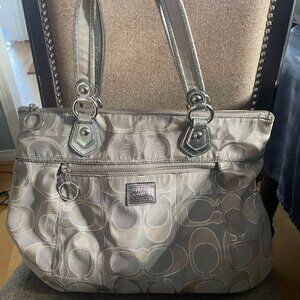 Coach Poppy Gray Canvas Leather Trim Zipper Tote Shoulder Bag